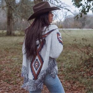 New Grey Toggle Hooded Cardigan Sweater Western Aztec Fringe Rodeo Country